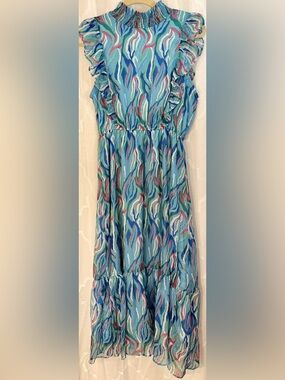 ee:some Smocked Ruffle Midi Maxi Dress Blue Green Abstract Boho Size Medium
